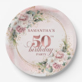 Graceful Rose Gold Eucalyptus 50th Birthday Floral Pappteller (Vorderseite)
