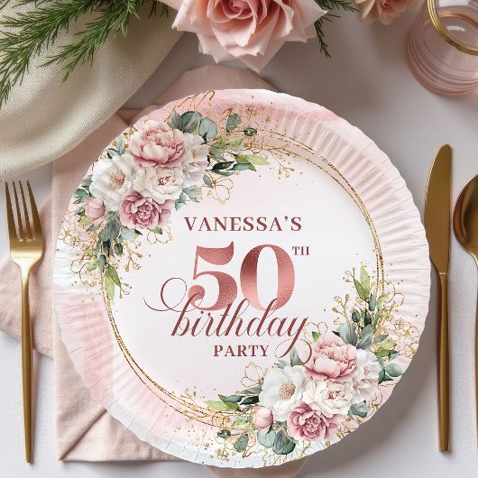 Graceful Rose Gold Eucalyptus 50th Birthday Floral Pappteller