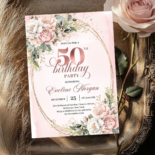 Graceful Rose Gold Floral 50th Birthday Invite Einladung