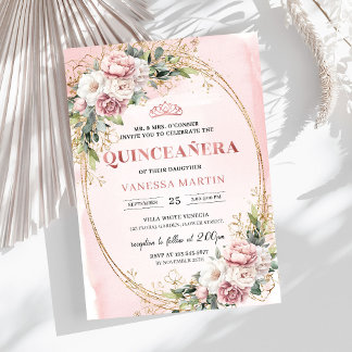 Graceful Rose Gold Floral Greenery Quinceanera  Einladung