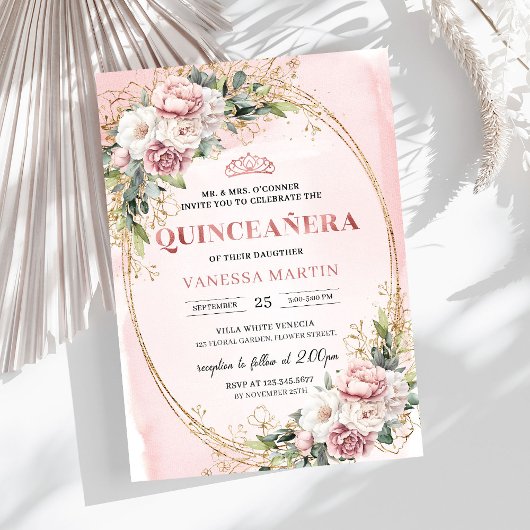 Graceful Rose Gold Floral Greenery Quinceanera  Einladung