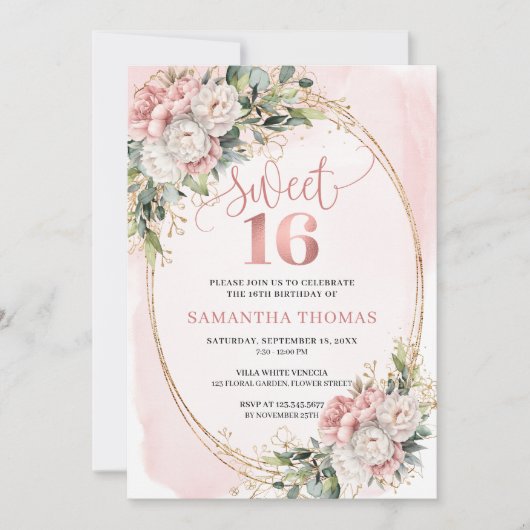 Graceful Rose Gold Floral Greenery Sweet Sixteen Einladung (Vorderseite)