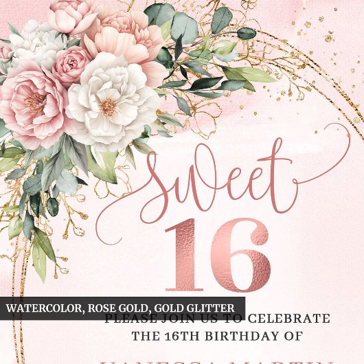 Graceful Rose Gold Floral Greenery Sweet Sixteen Einladung