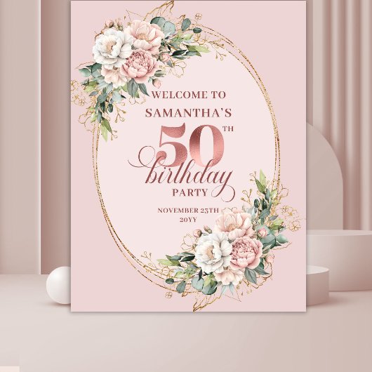 Graceful Rose Gold Greenery 50th Birthday Celebrat Wandteppich