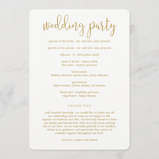Graceful Script Wedding Zeremony Programm Gold (Rückseite)