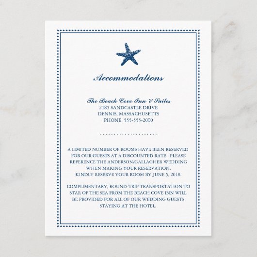 Graceful Starfish Blue | Hochzeitsunterkünfte Begleitkarte (Vorderseite)