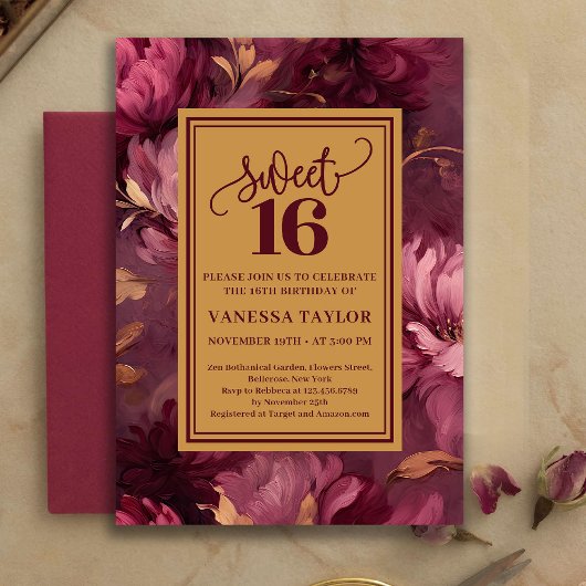 Graceful Sweet 16 Merlot Blush Gold Invitation Einladung