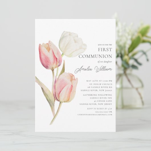 Graceful Tulips Erste Kommune Einladung (Stehend Vorderseite)