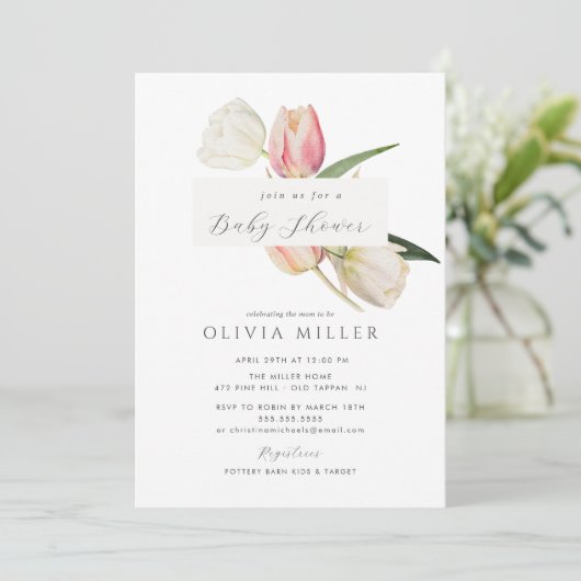 Graceful Tulips Kinderdusche Einladung (Stehend Vorderseite)