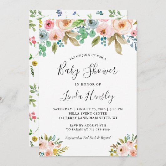 Graceful Watercolor Floral Girl Babydusche Einladung (Vorne/Hinten)