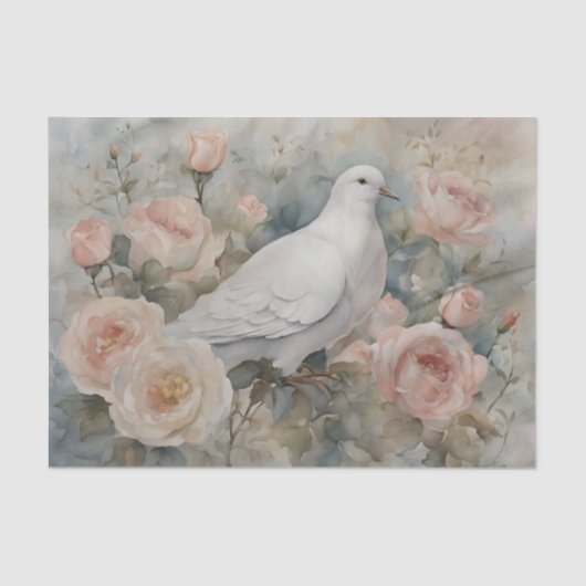 Graceful White Dove mit Pastellrosa Rosen Seidenpapier (Vorderseite)