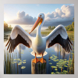 Gracful American White Pelican in Serene Wetlands Poster