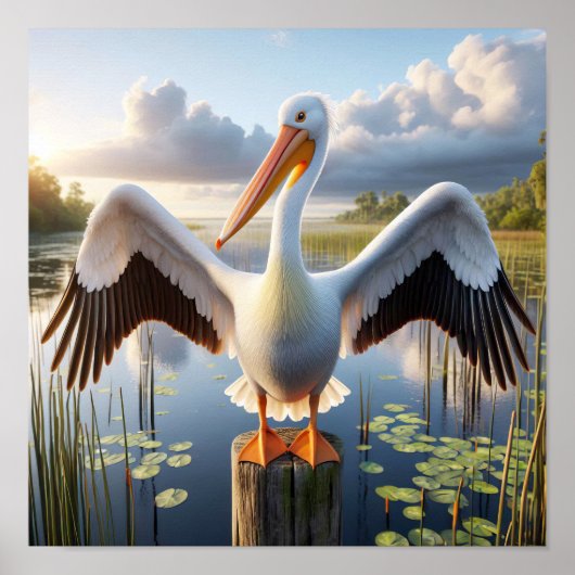 Gracful American White Pelican in Serene Wetlands Poster (Vorne)