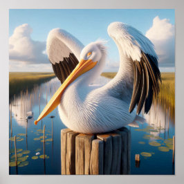 Gracful American White Pelican in Serene Wetlands Poster