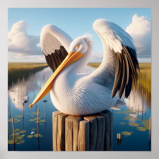 Gracful American White Pelican in Serene Wetlands Poster (Vorne)