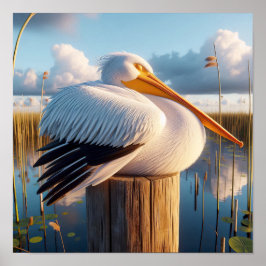 Gracful American White Pelican in Serene Wetlands Poster