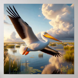 Gracful American White Pelican in Serene Wetlands Poster