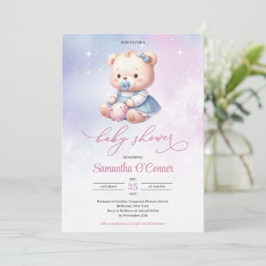 Gracful Aquarellpastellfarben Pink lila Babybär Einladung (Stehend Vorderseite)