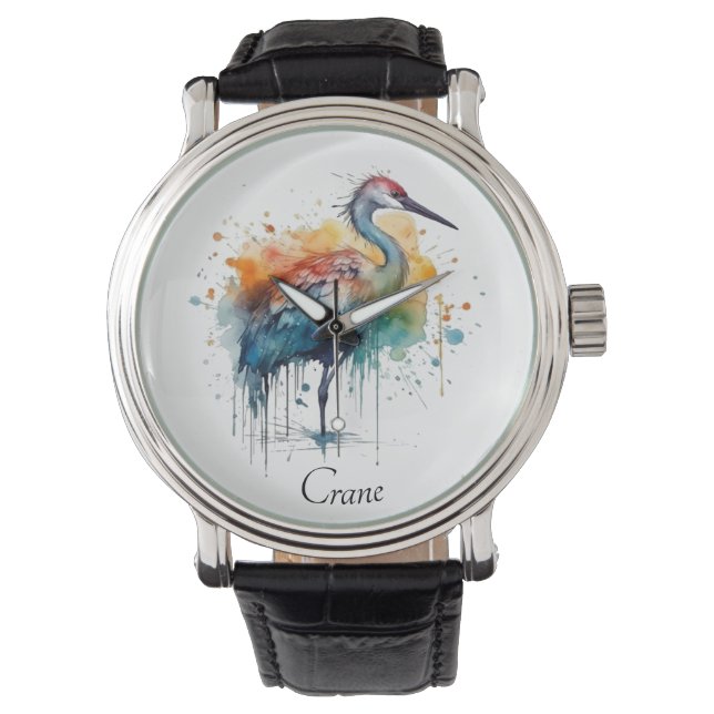 Gracful Crane: Wasserfarben Kunst, Brauch Armbanduhr (Vorderseite)