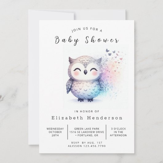 Gracful Editable Owl Baby Dusche Einladung (Vorderseite)