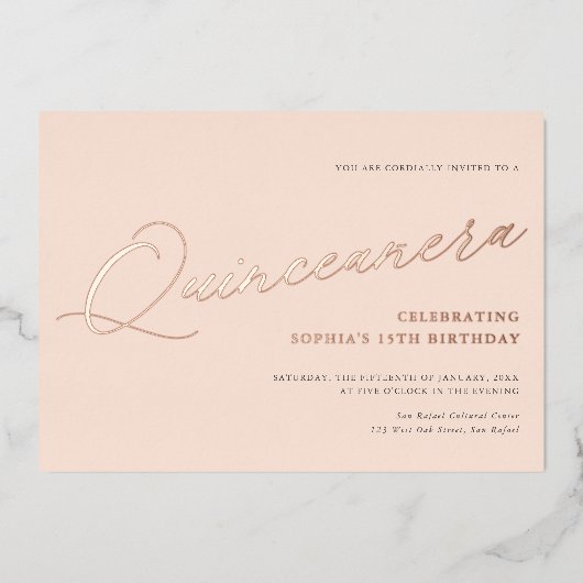 Gracful Script Quinceañera Birthday Party REAL Folieneinladung (Vorderseite)