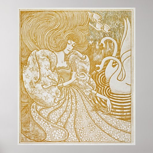 Gracful Serenity: Vintage Frau mit Swans Poster (Vorne)