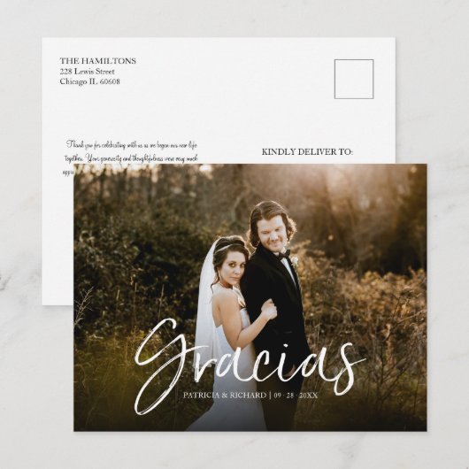 Gracias Chic Script Wedding Danke Foto Postkarte (Vorne/Hinten)