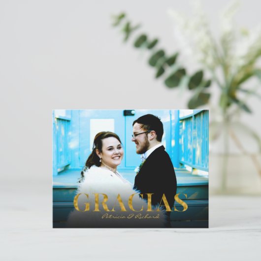 Gracias Gold Foil Schriftart Hochzeit Danke Foto Postkarte (Stehend Vorderseite)