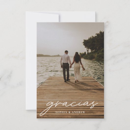 Gracias Modernes Script Foto Hochzeit Dankeskarte (Vorderseite)