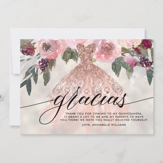 Gracias Rose Gold Glitzer Floral Quinceañera Dankeskarte (Vorderseite)