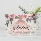 Gracias Rose Gold Glitzer Floral Quinceañera Dankeskarte (Stehend Vorderseite)
