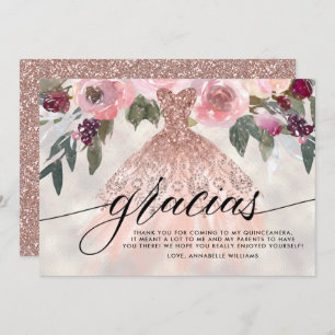Gracias Rose Gold Glitzer Floral Quinceañera Dankeskarte
