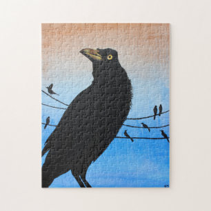 Grackle Austin Texas Black Bird Wildlife Painting Puzzle