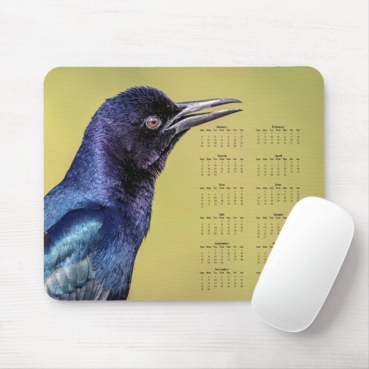 Grackle - Customizable full year 2026 calendar Mousepad (Mit Mouse)