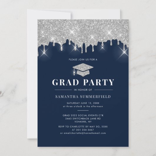 Grad 2022 Navy Silver Glitzer Graduation Party Einladung (Vorderseite)