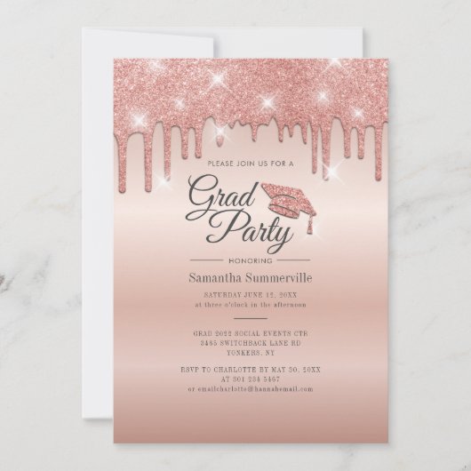 Grad 2022 Rose Gold Glitzer Graduation Party Einladung (Vorderseite)