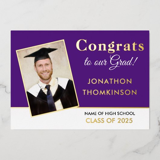 Grad 2025 Ankündigung Gold Foil Foto Lila (Vorderseite)