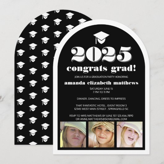 Grad 2025 Black Stylish 3 Foto Graduation Party Einladung (Vorne/Hinten)