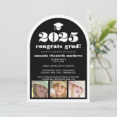 Grad 2025 Black Stylish 3 Foto Graduation Party Einladung (Stehend Vorderseite)