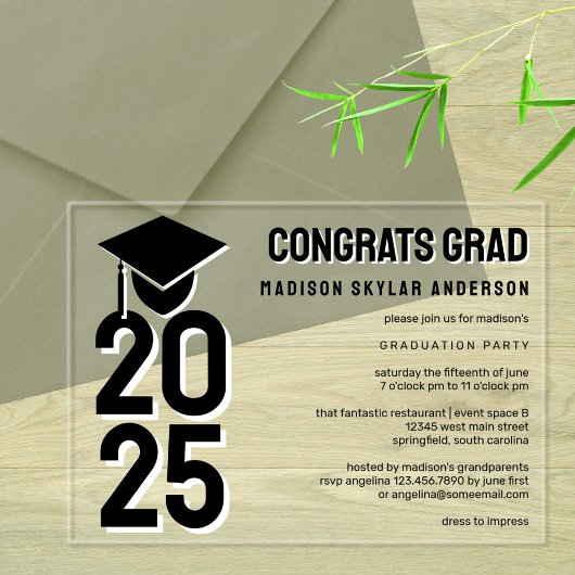 Grad 2025 Cap N Tassel Schwarz-Weiß-Abschluss Acryleinladungen