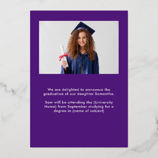 Grad 2025 Foto Lila Gold Real Foil Ankündigung (Rückseite)