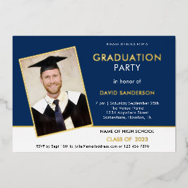 Grad 2025 Graduation Party Foto Navy White Gold Folieneinladung