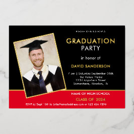 Grad 2025 Graduation Party Foto Red Black Gold Folieneinladung