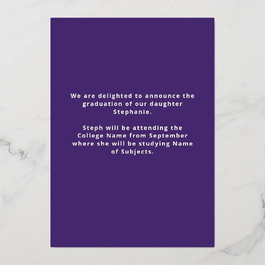 Grad 2025 Lila Bekanntgabe des Real Gold Foil Folieneinladung (Rückseite)