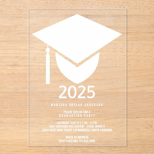 Grad 2025 Moderne Formal White Cap Graduation Part Acryleinladungen (Vorderseite)