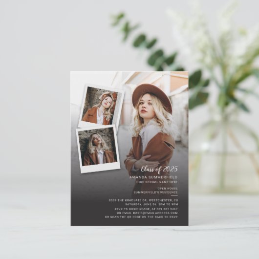 Grad 2025 Open House QR Code 3 Fotos Abschluss Einladungspostkarte (Stehend Vorderseite)