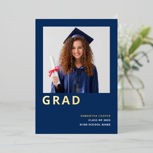 Grad 2025 Real Gold Foil Blue Ankündigung (Stehend vorne)