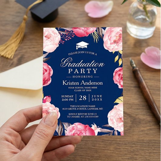 Grad Blumenauge Navy Blue Graduation Party Einladung