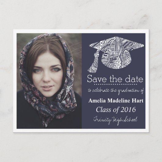 Grad Bohemisch Hat Navy Blue Save the Date Foto Ankündigungspostkarte (Vorderseite)
