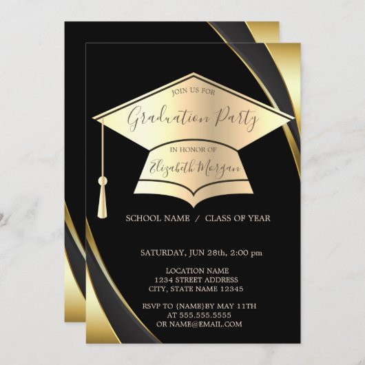 Grad Cap Black Border Graduation Party Einladung (Vorne/Hinten)